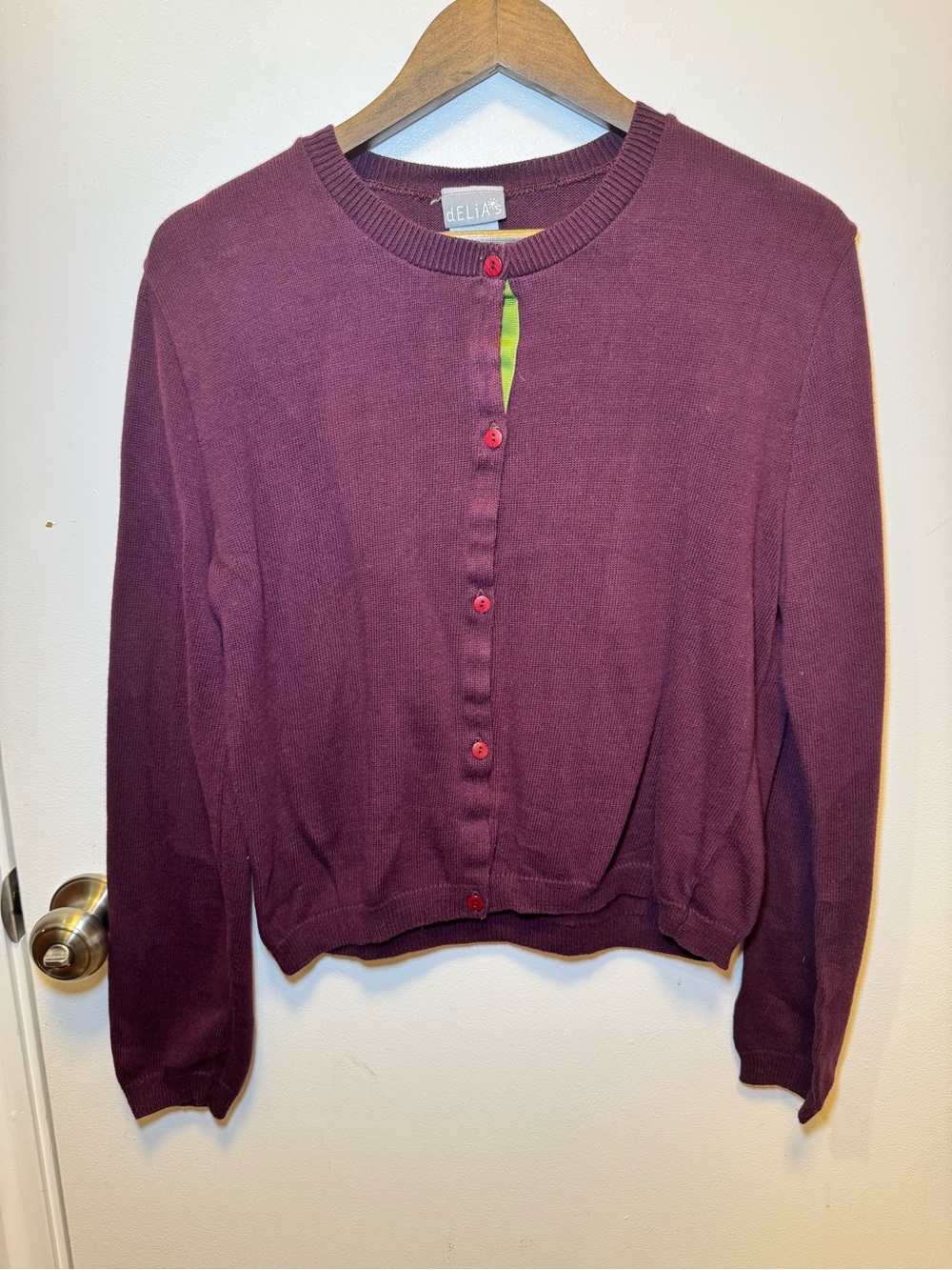 dELiA*s Plum Crewneck Cardigan with Red Buttons